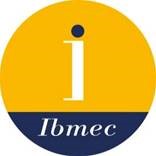 Desenho de um círculo, nas cores internas amarela e azul,  com a letra “I” no centro, na cor branca e o nome Ibmec abaixo, também na cor branca.