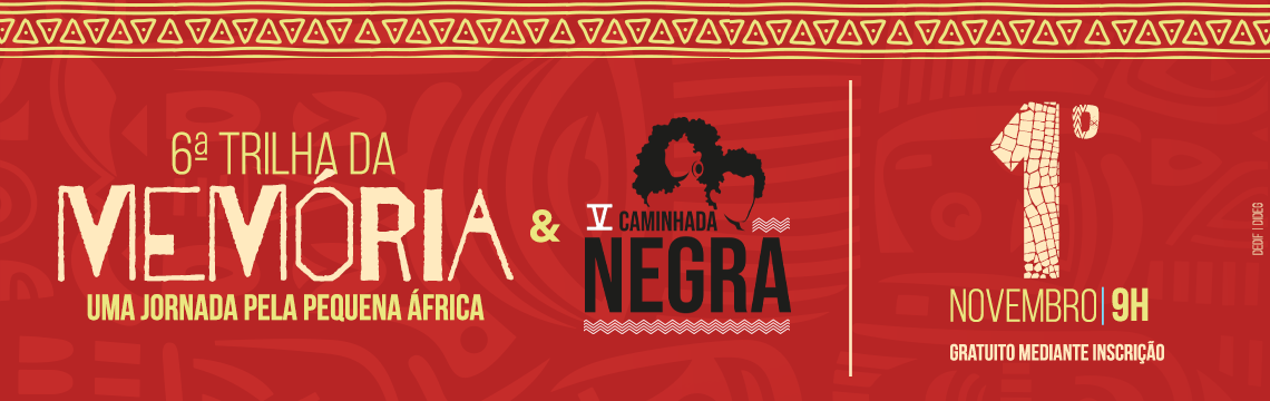 Cartaz em fundo vermelho e laranja para um evento cultural e histórico. 6ª Trilha da Memória & V Caminhada Negra. Uma jornada pela Pequena África. 1º de Novembro - 9H. Gratuito mediante inscrição. Ponto de Encontro: Museu de Arte do Rio (MAR), Praça Mauá. Guia de Turismo: Me. Tatiana Lima Brandão (Historiadora - Turismóloga - Administradora - Doutoranda em História na UERJ - Núcleo de Atenção e Promoção à Justiça Social do PJERJ.). Itinerário (em tópicos): Praça Mauá, Igreja de São Francisco da Prainha, Painel Hilário Jovino, Casa da Escrevivência, Largo de São Francisco da Prainha, Pedra do Sal, Mirante do Morro da Conceição, Jardim Suspenso do Valongo, Largo do Depósito, Espaço Cultural Casa da Tia Ciata (externo), Mercado de Escravizados,  Cais do Valongo e Cais da Imperatriz, Docas Pedro II, Praça da Harmonia e a Revolta da Vacina, Cemitério dos Pretos Novos. Haverá tradução. Logomarcas de Apoio: PJERJ, OABRJ-CEVENB, Fórum Permanente Direito e Relações Raciais, AMAERJ, AMB, NAPJUS, CCPJ-RJ, COGEN 1ºGRAU, COGEN 2º GRAU, IPN, IARA e ESAJ. Serão concedidas horas de capacitação pela ESAJ e horas para estagiários. imagem -  Cartaz em fundo vermelho e laranja para um evento cultural e histórico. 6ª Trilha da Memória & V Caminhada Negra. Uma jornada pela Pequena África. 1º de Novembro - 9H. Gratuito mediante inscrição. Ponto de Encontro: Museu de Arte do Rio (MAR), Praça Mauá. Guia de Turismo: Me. Tatiana Lima Brandão (Historiadora - Turismóloga - Administradora - Doutoranda em História na UERJ - Núcleo de Atenção e Promoção à Justiça Social do PJERJ.). Itinerário (em tópicos): Praça Mauá, Igreja de São Francisco da Prainha, Painel Hilário Jovino, Casa da Escrevivência, Largo de São Francisco da Prainha, Pedra do Sal, Mirante do Morro da Conceição, Jardim Suspenso do Valongo, Largo do Depósito, Espaço Cultural Casa da Tia Ciata (externo), Mercado de Escravizados,  Cais do Valongo e Cais da Imperatriz, Docas Pedro II, Praça da Harmonia e a Revolta da Vacina, Cemitério dos Pretos Novos. Haverá tradução. Logomarcas de Apoio: PJERJ, OABRJ-CEVENB, Fórum Permanente Direito e Relações Raciais, AMAERJ, AMB, NAPJUS, CCPJ-RJ, COGEN 1ºGRAU, COGEN 2º GRAU, IPN, IARA e ESAJ. Serão concedidas horas de capacitação pela ESAJ e horas para estagiários.