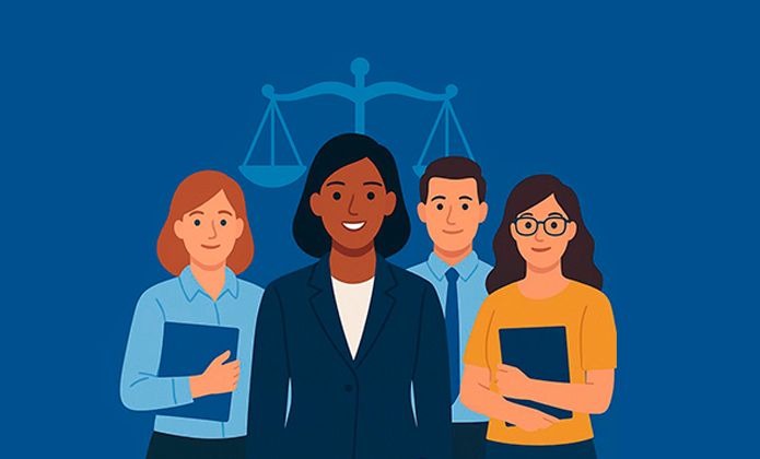 Arte com fundo azul, balança da Justiça em azul-claro e, na frente, quatro bonecos, sendo dois homens e duas mulheres imagem - Dia do Servidor Público: TJRJ celebra compromisso e dedicação de quem faz a Justiça acontecer