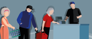 Imagem de fundo azul, à direita uma bancada com uma máquina registradora e um operador de caixa. À esquerda uma fila, uma pessoa mexe na bolsa de uma pessoa idosa que está a sua frente.