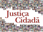 Logomarca do Projeto Justiça Cidadã - Imagem retangular com o texto Justiça Cidadã com miniaturas de fotos de muitos jovens