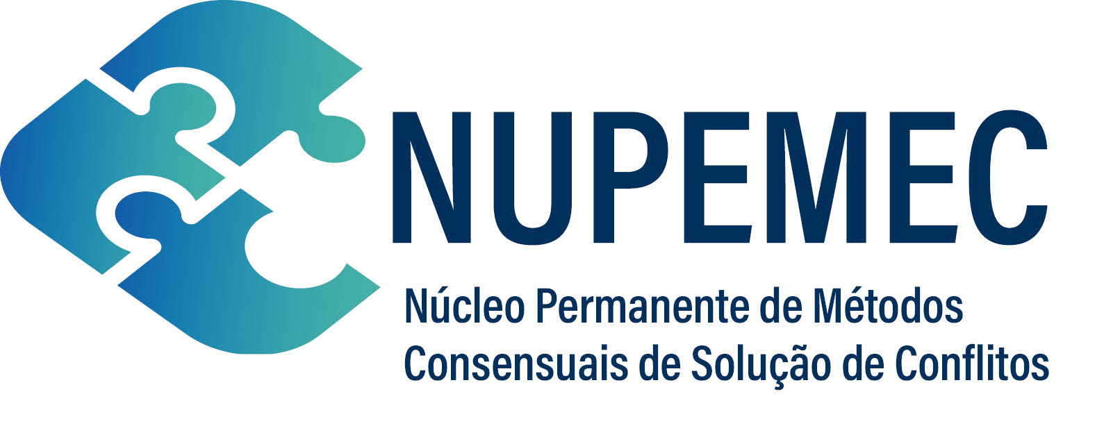 Logo NUPEMEC - Núcleo Permanente de Métodos Consensuais de Solução de Conflitos. É um quebra-cabeça de três peças azuis com laterais arredondadas, com a sigla NUPEMEC ocupando o  lugar da quarta peça que formaria um quadrado.