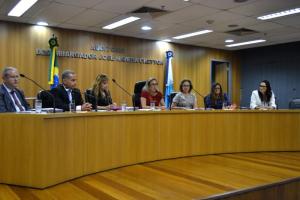 Os juízes auxiliares João Luiz Ferraz e Marcel Duque Estrada, a chefe de gabinete Fátima dos Santos Pires, a corregedora-geral da Justiça, desembargadora Maria Augusta Vaz, e as juízas Regina Chuquer, Ana Lucia Vieira do Carmo e Simone Lopes da Costa.
