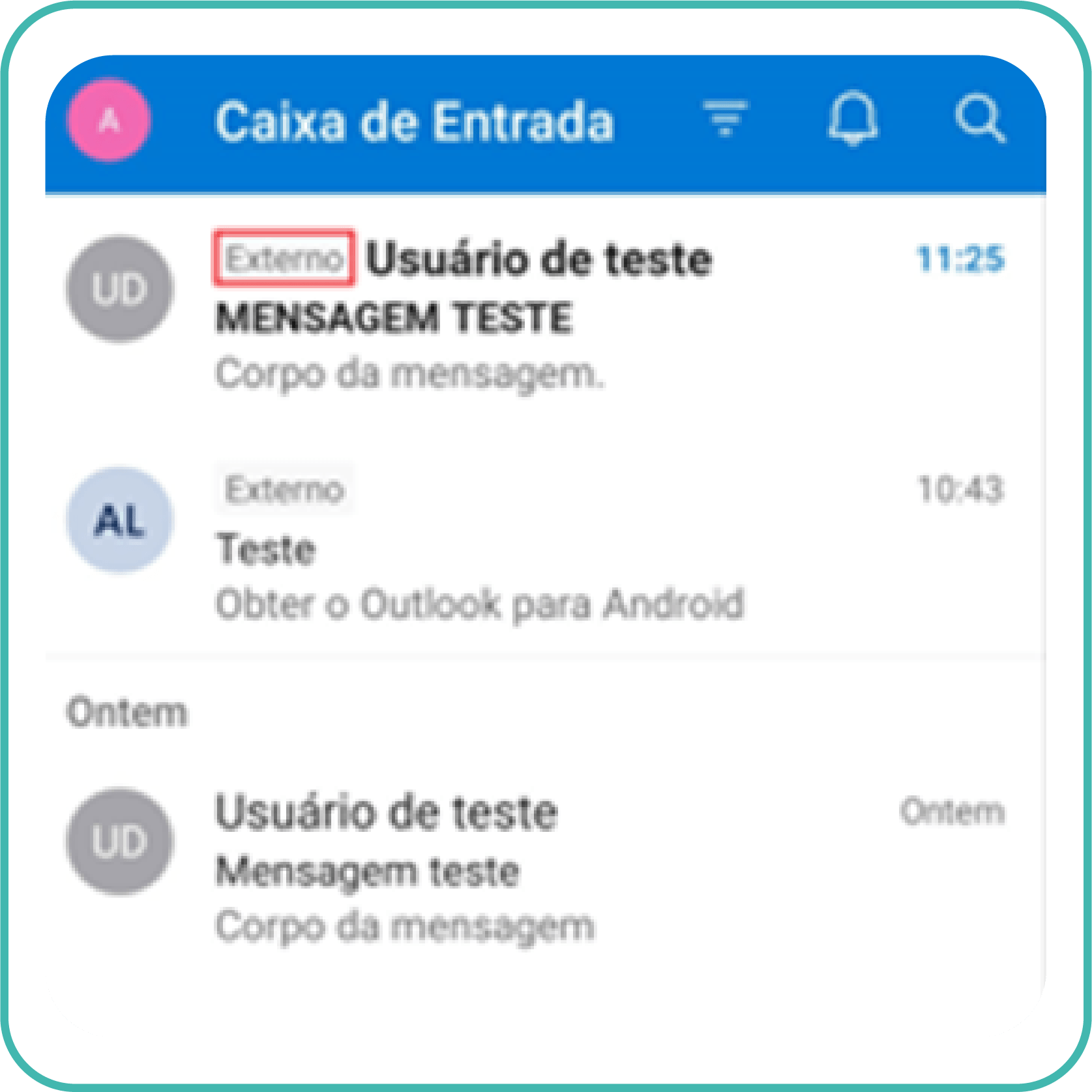 Imagem da interface gráfica do e-mail, versão mobile , na caixa de entrada com destaque em vermelho. Texto: Externo.