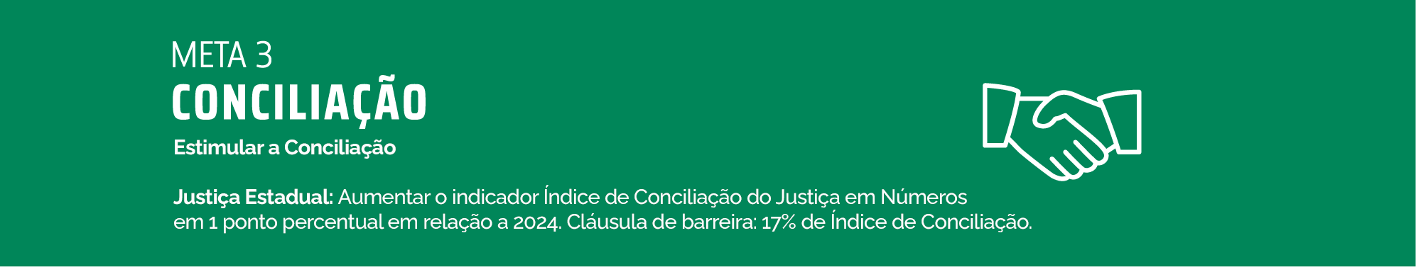 Meta 3-Conciliação - ESTIMULAR A CONCILIAÇÃO Justiça Estadual: Aumentar o indicador Índice de Conciliação do Justiça em Números em 1 ponto percentual em relação a 2024. Cláusula de barreira: 17% de Índice de Conciliação.