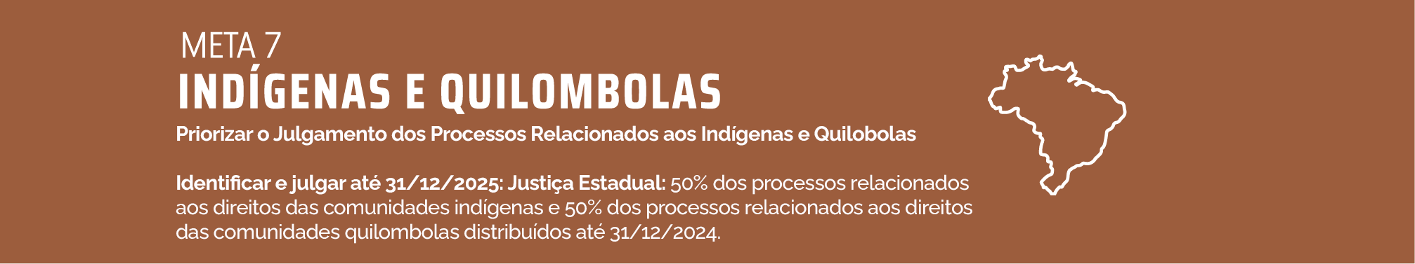 Meta 7-Indígenas e quilombolas - PRIORIZAR O JULGAMENTO DOS PROCESSOS RELACIONADOS AOS INDÍGENAS E QUILOMBOLAS Identificar e julgar até 31/12/2025: Justiça Estadual: 50% dos processos relacionados aos direitos das comunidades indígenas e 50% dos processos relacionados aos direitos das comunidades quilombolas distribuídos até 31/12/2024.