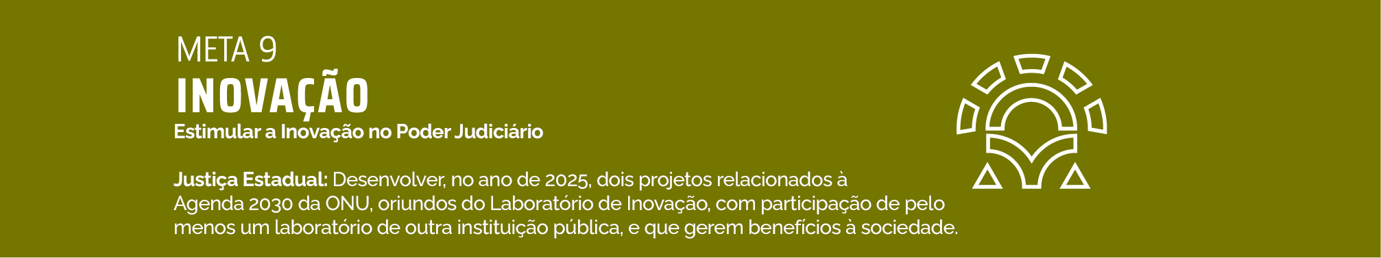 Meta 9-Inovação - ESTIMULAR A INOVAÇÃO NO PODER JUDICIÁRIO Justiça Estadual: Desenvolver, no ano de 2025, dois projetos relacionados à Agenda 2030 da ONU, oriundos do Laboratório de Inovação, com participação de pelo menos um laboratório de outra instituição pública, e que gerem benefícios à sociedade.