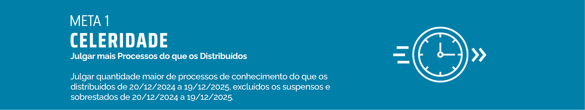 Meta 1-Celeridade - JULGAR MAIS PROCESSOS DO QUE OS DISTRIBUÍDOS Julgar quantidade maior de processos de conhecimento do que os distribuídos de 20/12/2024 a 19/12/2025, excluídos os suspensos e sobrestados de 20/12/2024 a 19/12/2025.