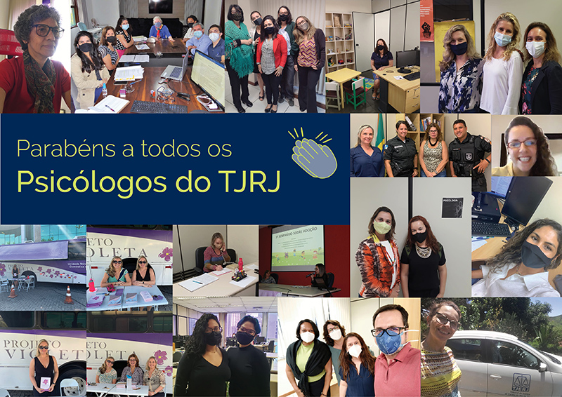 Painel de fotos com os psicólogos do TJRJ e imagem de uma mão batento palmas parabenizando todos pelo dia comemorativo