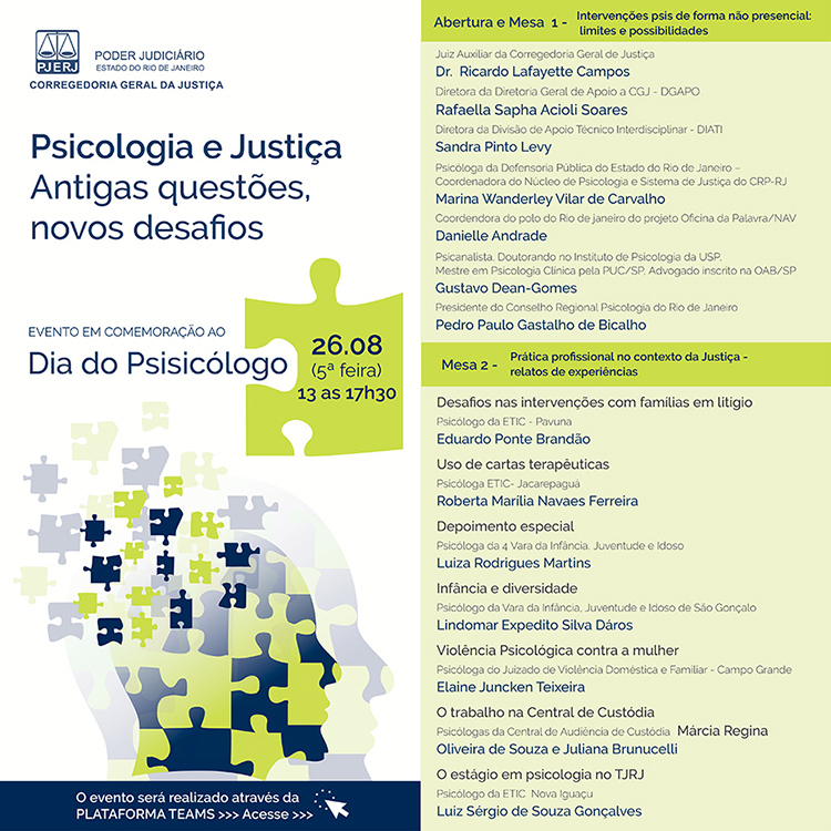 Imagem do cartaz enviado para convidar os servidores para o Webinar em comemoração ao dia do psicólogo, a imagem possui um perfil de uma cabeça preenchida por um quebra cabeça de peças verde limão e azul marinho e os dizeres das palestras