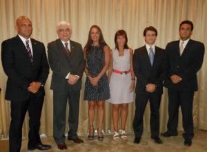 O Juiz Paulo Jangutta, o Corregedor-Geral Des. Azevedo Pinto, as Juízas Auxiliares da CGJ Dra. Adriana Moutinho e Dra. Valéria Pachá, o Juiz Auxiliar da Presidência do CNJ, Dr. Fabrício Dornas Carata e o Juiz Auxiliar da CGJ Dr. Arthur Eduardo Magalhães Ferreira.