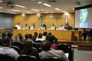 A Promotora Titular da 12ª Promotoria de Justiça da Infância  e da Juventude da Capital, Clisânger Ferreira Gonçalves; o presidente da Associação Estadual dos Conselhos Tutelares do Rio de Janeiro, Juarez Marçal Filho; a coordenadora de Projetos da ONG Promundo, Danielle Lopes; e o comissário de Justiça, Leandro Sarmento D'Ornellas, participaram da primeira mesa de debate