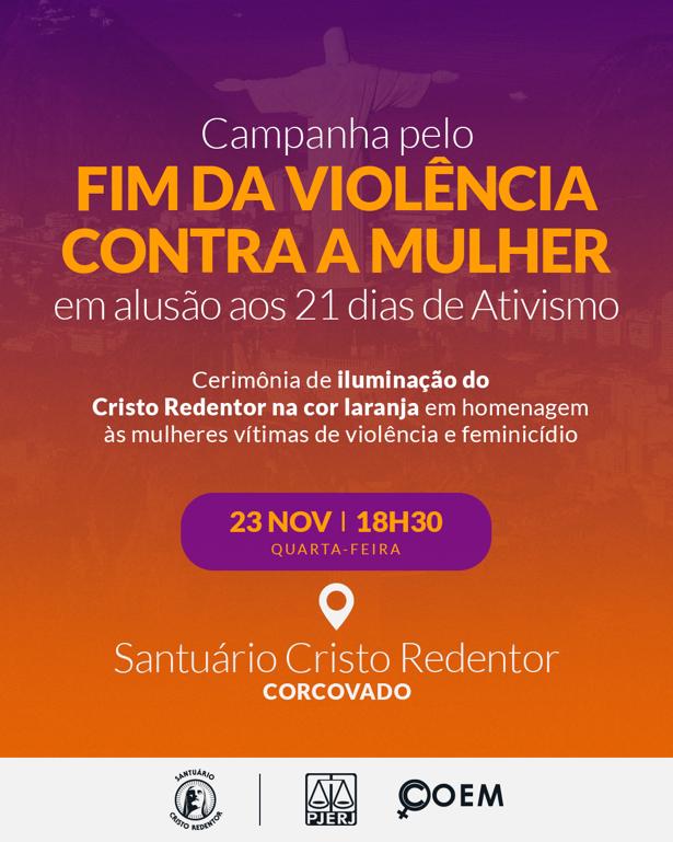 Arte com  a imagem do Cristo Redentor de costas, com filtro rosa e laranja e texto "Campanha pelo fim da violência doméstica contra a mulher em alusão aos 21 dias de ativismo"