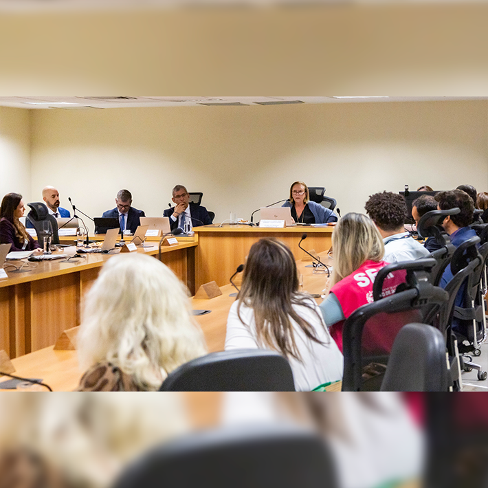 Foto mostra reunião de homens e mulheres em torno de mesa em tom de madeira claro, em formato de U, sendo que na cabeceira está uma mulher de óculos, falando e tendo a frente dela um notebook. Alguns participantes da reunião também têm na sua frente computadores portáteis