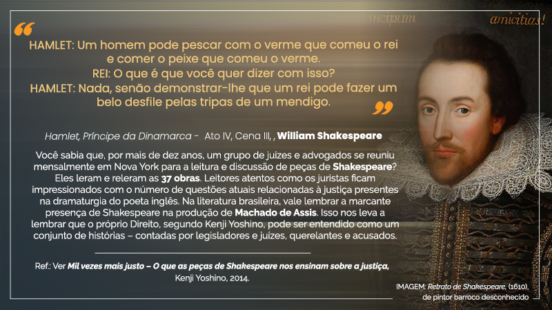 Acima, entre aspas, o texto seguinte: “HAMLET: Um homem pode pescar com o verme que comeu o rei e comer o peixe que comeu o verme. REI: o que é que você quer dizer com isso? HAMLET: Nada, senão demonstrar-lhe que um rei pode fazer um belo desfile pelas tripas de um mendigo. – Hamlet, Príncipe da Dinamarca – Ato IV, Cena III, William Shakespeare”. Abaixo, em oito linhas, o seguinte texto: Você sabia que, por mais de dez anos, um grupo de juízes e advogados se reuniu mensalmente em Nova York para a leitura e discussão de peças de Shakespeare? Eles leram e releram as 37 obras. Leitores atentos como os juristas ficam impressionados com o número de questões atuais relacionadas à justiça presentes na dramaturgia do poeta inglês. Na literatura brasileira, vale lembrar a marcante presença de Shakespeare na produção de Machado de Assis. Isso nos leva a lembrar que o próprio Direito, segundo Kenji Yoshino, pode ser entendido como um conjunto de histórias – contadas por legisladores e juízes, querelantes e acusados. – Ref.: Ver Mil vezes mais justo – O que as peças de Shakespeare nos ensinam sobre a justiça, Kenji Yoshino, 2014. À direita, IMAGEM: Retrato de Shakespeare(homem claro, de testa alta, cabelos e barba castanhos, rosto de traços finos e bochechas rosadas, vestindo um gibão em tonalidade café, com gola transparente e desenhada branca. Ano 1610, de pintor barroco desconhecido.