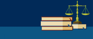 Imagem de fundo azul com uma pilha de livros e, ao lado, a balança da Justiça.