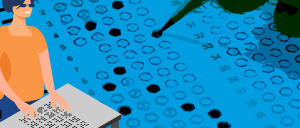 Imagem de fundo azul, tendo como pano de fundo a marcação de gabarito de prova de vestibular. A esquerda mulher de óculos escuros, usando o sistema de leitura em braille sobre uma mesa.