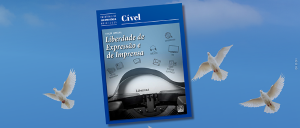 #ParaTodosVerem: Ao centro, sobre fundo azul, com três pombas brancas, capa do EMENTÁRIO DE JURISPRUDÊNCIA – MAIO|2025 EDIÇÃO ESPECIAL – Liberdade de Expressão e de Imprensa. Imagem de máquina de escrever digitando a palavra “Liberdad”, tendo acima vários símbolos de canais de comunicação, tais como internet e redes sociais.