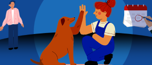 Ao centro um cão sentado, com a patinha levantada tocando na mão de uma mulher,  Em segundo plano: do esquerdo superior a figura de um homem e ao lado direito superior um calendário, sob um fundo azul.