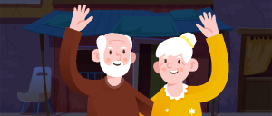 Desenho de um casal de idosos acenando em frente a uma casa.