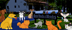 Imagem de uma casa branca com varanda, em uma área arborizada com muitos cães e gatos na rua, com uma placa de identificação: Bem vindo ao Município de Mendes.