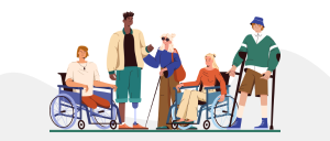 Imagem de fundo branco que contém a ilustração de 5 pessoas com deficiência. O primeiro é um homem cadeirante com as duas pernas amputadas, o segundo é um homem utilizando uma perna mecânica, a terceira é uma mulher deficiente visual utilizando uma bengala, a quarta é uma mulher cadeirante e o quinto é um homem utilizando duas muletas