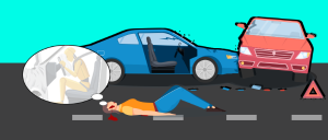 Ilustração com a imagem de um acidente automobilístico e uma mulher deitada em via pública com um balão de pensamento representando o não acionamento de air bag.
