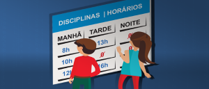 Uma ilustração com um rapaz, vestido com camisa vermelha e calça verde, e uma moça, vestida com camiseta azul e calça vermelha, observando um quadro de horários.