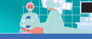 Em uma sala de cirurgia, dois profissionais de saúde administram anestesia à paciente, que está deitada em uma maca, por meio de uma máscara. Marcações em branco na região mamária da paciente indicam o local do procedimento.