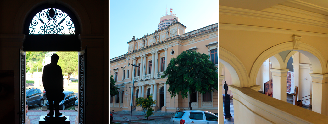 Banner com as imagens: estátua de Rui Barbosa de costas, contra a luz, em frente o portão do hall de entrada do Antigo Palácio da Justiça de Niterói; Fachada do Palácio da Justiça de Niterói; Detalhes dos arcos do hall de entrada do Antigo Palácio da Justiça de Niterói.