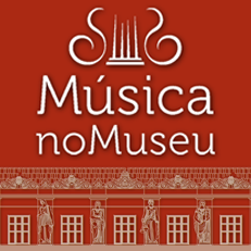 Logomarca do projeto Música no Museu, sobre fundo vermelho. Logomarca do projeto Música no Museu, sobre fundo vermelho.