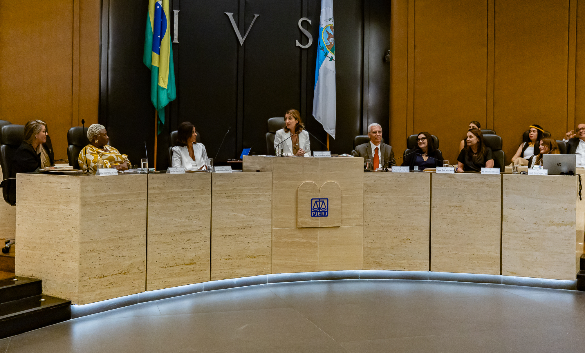 A juíza auxiliar do TJMA, Mirella Cezar Freitas (E);  educadora e liderança quilombola, Ana Beatriz Bernardes Nunes; procuradora de Justiça do MPRJ Denise Tarin;  desembargadora Adriana Ramos de Mello, presidente do Fórum Permanente de Violência Doméstica, Familiar e de Gênero da Escola da Magistratura do Estado do Rio (Emerj) e coordenadora da Coordenadoria Estadual da Mulher em Situação de Violência Doméstica e Familiar (Coem); o presidente do COGEN -1º GRAU e do COGEN -2º GRAU do TJRJ,  desembargador Wagner Cinelli;  desembargadora Patrícia Ribeiro Serra Vieira, desembargadora Maria Teresa Pontes Gazineu, juíza Luciana Fiala, membro do COEM, Luciana Fiala.