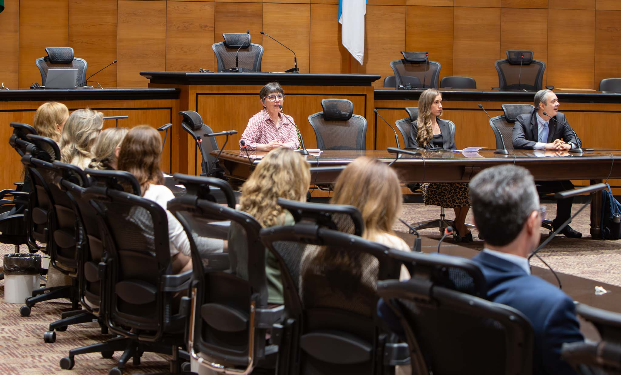 A imagem mostra uma palestra ou reunião realizada em um auditório institucional com acabamento em madeira. Em primeiro plano, participantes estão sentados em cadeiras voltadas para uma mesa de debates posicionada ao centro do espaço. Na mesa principal, três pessoas participam da apresentação. Uma mulher, ao centro, fala ao microfone enquanto os demais acompanham a exposição. O ambiente conta com cadeiras ergonômicas, púlpitos e microfones distribuídos pelo plenário.