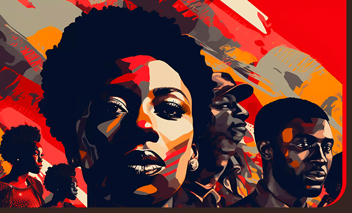 A imagem é uma ilustração artística com forte contraste de cores, predominando tons de vermelho, laranja, preto e bege. No centro, em destaque, aparece o rosto de uma mulher negra com expressão séria e firme, olhando diretamente para frente, transmitindo força e resistência. Ao redor dela, há outras figuras também negras: à direita, um homem com expressão reflexiva; ao fundo, outro homem usando boné, com o olhar voltado para o lado; e, à esquerda, duas figuras menores em perfil, criando sensação de profundidade e coletividade. O fundo é composto por formas abstratas e pinceladas dinâmicas, em cores vibrantes, que remetem a movimento, luta e intensidade. 