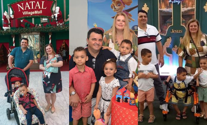 Montagem com três fotos de André Luiz e Érica com os filhos Natan, Davi e Beatriz