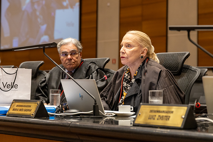 A desembargadora Maria Inês Gaspar fala em nome do Tribunal, durante sessão do Órgão Especial realizada no Plenário Ministro Waldemar Zveiter.