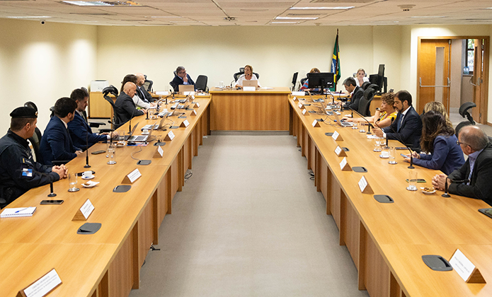 A imagem mostra uma reunião formal. Há duas fileiras de mesas de madeira dispostas em “U”, com vários participantes sentados de ambos os lados. No centro da imagem, no final da formação das mesas, está a 2ª vice-presidente do TJRJ, desembargadora Maria Angélica Guedes, presidindo a reunião, posicionada em frente a um microfone. Atrás dela, há a bandeira do Brasil.