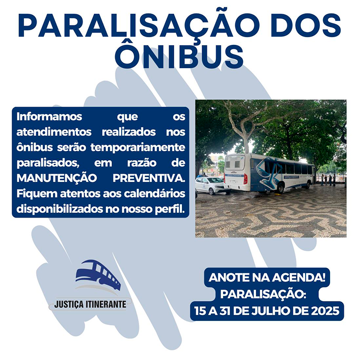 PARALISAÇÃO DOS ÔNIBUS - Informamos  que  em razão  de  atendimentos realizados nos ônibus serão temporariamente paralisados, MANUTENÇÃO PREVENTIVA. Fiquem atentos aos calendários disponibilizados no nosso perfil.  ANOTE NA AGENDA! PARALISAÇÃO: 15 A 31 DE JULHO DE 2025