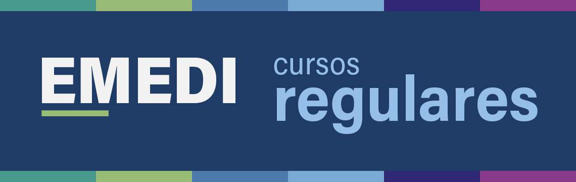 Banner azul escuro com elementos verde, rosa, roxo, azul claro e escrito EMEDI cursos regulares 