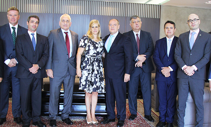 Fotografia realizada em gabinete atapetado com móveis clássicos e paredes nas cores cinza claro e escuro. Posam para a foto, lado a lado,  três homens de terno escuro à esquerda, uma mulher de cabelo loiro e de vestido estampado ao centro, e mais quatro homens de terno escuro 