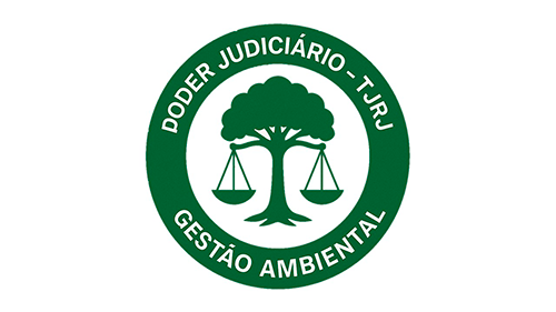 Logo da Gestão Ambiental do Poder Judiciário do Rio de Janeiro. Uma árvore verde com uma balança de cada lado. 