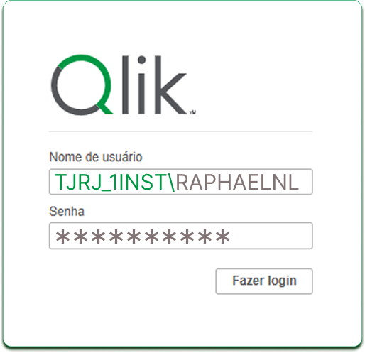 Autenticação: O acesso é exclusivo para funcionários do TJRJ com cadastro ativo no EJUD e permissão no sistema Qlik. Utilize o prefixo ‘tjrj_1inst\’ seguido do seu login de rede e senha habitual.