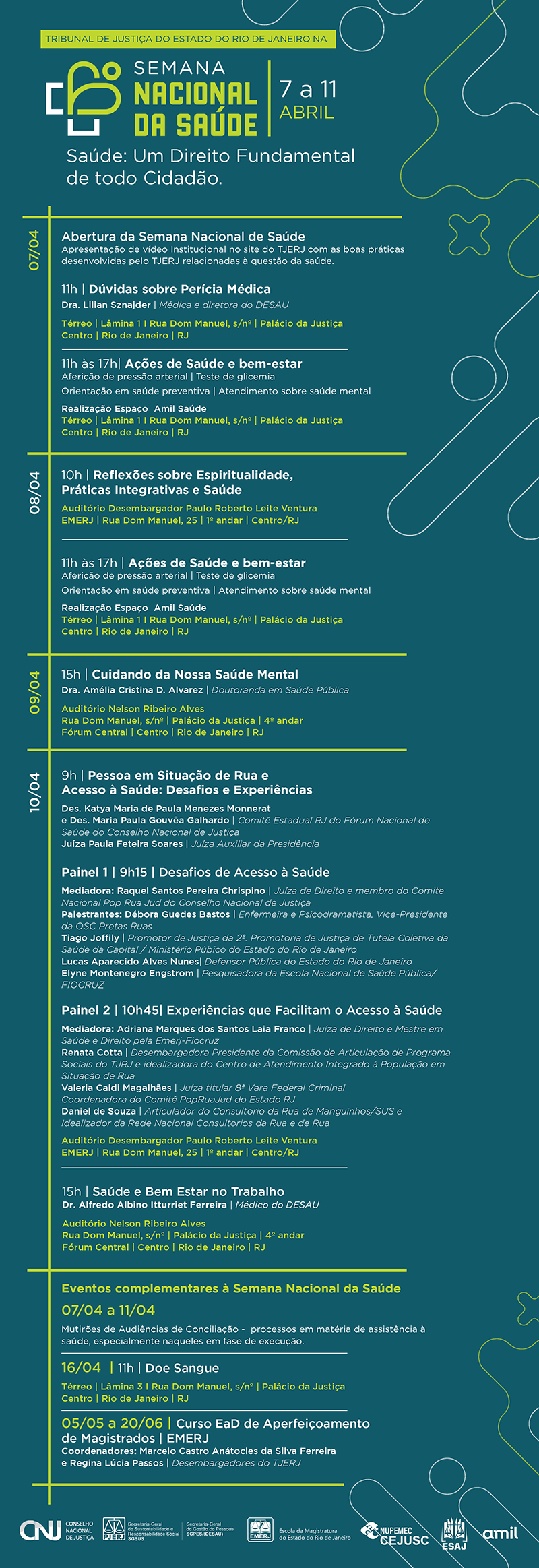 Tribunal de Justiça do Estado do Rio de Janeiro na Semana Nacional da Saúde -  de 7 a 11 de abril - Saúde: Um Direito Fundamental de todo Cidadão. - 07/04 - Abertura da Semana Nacional de Saúde  Apresentação de vídeo Institucional no site do TJERJ com as boas práticas desenvolvidas pelo TJERJ relacionadas à questão da saúde.  11h | Dúvidas sobre Perícia Médica Dra. Lilian Sznajder | Médica e diretora do DESAU  Térreo | Lâmina 1 I Rua Dom Manuel, s/nº | Palácio da Justiça  Centro | Rio de Janeiro | RJ  11h às 17h| Ações de Saúde e bem-estar Aferição de pressão arterial | Teste de glicemia  Orientação em saúde preventiva | Atendimento sobre saúde mental  Realização Espaço  Amil Saúde Térreo | Lâmina 1 I Rua Dom Manuel, s/nº | Palácio da Justiça  Centro | Rio de Janeiro | RJ - 08/04 - 10h | Reflexões sobre Espiritualidade,  Práticas Integrativas e Saúde  Auditório Desembargador Paulo Roberto Leite Ventura EMERJ | Rua Dom Manuel, 25 | 1º andar | Centro/RJ   11h às 17h | Ações de Saúde e bem-estar Aferição de pressão arterial | Teste de glicemia  Orientação em saúde preventiva | Atendimento sobre saúde mental  Realização Espaço  Amil Saúde Térreo | Lâmina 1 I Rua Dom Manuel, s/nº | Palácio da Justiça  Centro | Rio de Janeiro | RJ - 09/04 - 15h | Cuidando da Nossa Saúde Mental Dra. Amélia Cristina D. Alvarez | Doutoranda em Saúde Pública  Auditório Nelson Ribeiro Alves Rua Dom Manuel, s/nº | Palácio da Justiça | 4º andar Fórum Central | Centro | Rio de Janeiro | RJ - 10/04 - 9h | Pessoa em Situação de Rua e  Acesso à Saúde: Desafios e Experiências  Des. Katya Maria de Paula Menezes Monnerat e Des. Maria Paula Gouvêa Galhardo | Comitê Estadual RJ do Fórum Nacional de Saúde do Conselho Nacional de Justiça Juíza Paula Feteira Soares | Juíza Auxiliar da Presidência  Painel 1 | 9h15 | Desafios de Acesso à Saúde  Mediadora: Raquel Santos Pereira Chrispino | Juíza de Direito e membro do Comite Nacional Pop Rua Jud do Conselho Nacional de Justiça Palestrantes: Débora Guedes Bastos | Enfermeira e Psicodramatista, Vice-Presidente da OSC Pretas Ruas Tiago Joffily | Promotor de Justiça da 2ª. Promotoria de Justiça de Tutela Coletiva da Saúde da Capital / Ministério Púbico do Estado do Rio de Janeiro Lucas Aparecido Alves Nunes| Defensor Pública do Estado do Rio de Janeiro Elyne Montenegro Engstrom | Pesquisadora da Escola Nacional de Saúde Pública/FIOCRUZ  Painel 2 | 10h45| Experiências que Facilitam o Acesso à Saúde  Mediadora: Adriana Marques dos Santos Laia Franco | Juíza de Direito e Mestre em Saúde e Direito pela Emerj-Fiocruz Renata Cotta | Desembargadora Presidente da Comissão de Articulação de Programa Sociais do TJRJ e idealizadora do Centro de Atendimento Integrado à População em Situação de Rua Valeria Caldi Magalhães | Juíza titular 8ª Vara Federal Criminal  Coordenadora do Comitê PopRuaJud do Estado Rj Daniel de Souza | Articulador do Consultorio da Rua de Manguinhos/SUS e Idealizador da Rede Nacional Consultorios da Rua e de Rua  Auditório Desembargador Paulo Roberto Leite Ventura EMERJ | Rua Dom Manuel, 25 | 1º andar | Centro/RJ   15h | Saúde e Bem Estar no Trabalho Dr. Alfredo Albino Itturriet Ferreira -| Médico do DESAU  -  Auditório Nelson Ribeiro Alves Rua Dom Manuel, s/nº | Palácio da Justiça | 4º andar Fórum Central | Centro | Rio de Janeiro | RJ - Eventos complementares à Semana Nacional da Saúde  07/04 a 11/04  Mutirões de Audiências de Conciliação -  processos em matéria de assistência à saúde, especialmente naqueles em fase de execução.  16/04  | 11h | Doe Sangue  Térreo | Lâmina 3 I Rua Dom Manuel, s/nº | Palácio da Justiça  Centro | Rio de Janeiro | RJ  05/05 a 20/06 | Curso EaD de Aperfeiçoamento  de Magistrados | EMERJ Coordenadores: Marcelo Castro Anátocles da Silva Ferreira  e Regina Lúcia Passos | Desembargadores do TJERJ - logo do Conselho Nacional de Justiça - logo do TJRJ - SGSUS-SGPES (DESAU) - logo da EMERJ (Escola da Magistratura do Estado do Rio de Janeiro - logo NUPEMEC CEJUSC -  logo da ESAJ - logo da AMIL