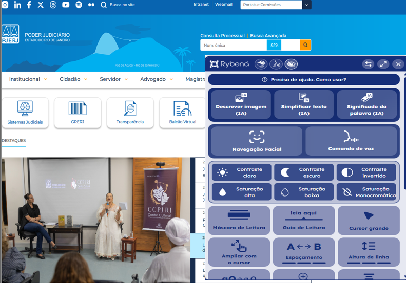 +Acessibilidade - Oferece um menu com diversas opções personalizáveis de acessibilidade como Comando de Voz, Descrição de Imagem, Contraste, entre outros.