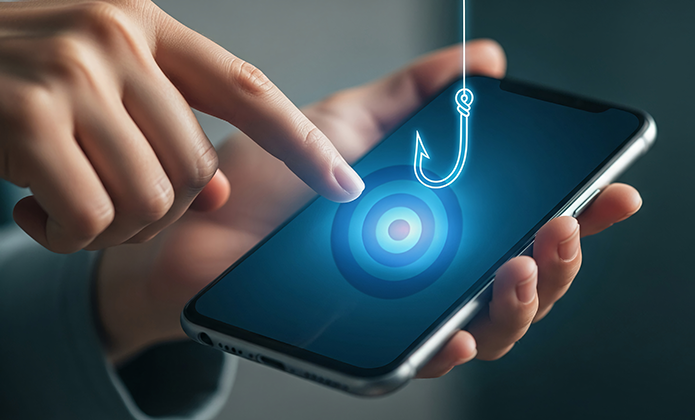 #ParaTodosVerem: Uma pessoa segura um smartphone enquanto toca a tela com o dedo. Sobre a tela, há uma ilustração digital de um anzol brilhante descendo em direção a um alvo circular, simbolizando golpe ou tentativa de “phishing” no ambiente virtual.