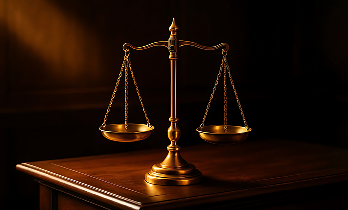 #ParaTodosVerem: Imagem mostra uma balança da Justiça dourada sobre uma mesa de madeira, em ambiente escuro.