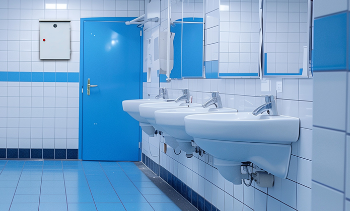 #ParaTodosVerem: Banheiro público com paredes e piso revestidos de azulejos em tons de azul e branco. No lado direito, há três pias brancas alinhadas sob espelhos retangulares. Ao fundo, uma porta azul fechada contrasta com a faixa horizontal de azulejos azuis na parede. O ambiente é bem iluminado e transmite sensação de limpeza e organização.