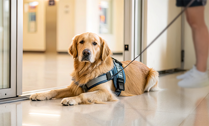 #ParaTodosVerem: Um cão-guia da raça golden retriever está deitado no chão brilhante de um edifício, usando peitoral com alça e guia, enquanto uma pessoa ao lado segura a correia. O animal olha para a câmera, transmitindo calma e atenção, e está posicionado na porta de um elevador aberto.