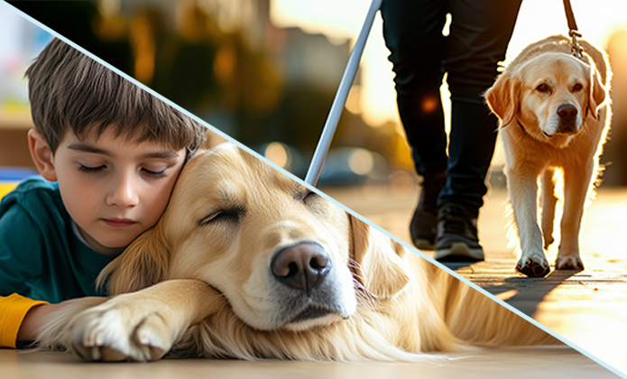 #Paratodosverem: A imagem mostra um momento de ternura entre um menino e um cachorro da raça Golden Retriever. O garoto está deitado ao lado do cão, com o rosto encostado na cabeça dele, em uma expressão serena e afetuosa. O cão também está deitado, com os olhos fechados, transmitindo calma e confiança. A cena sugere um vínculo profundo de amizade e conforto entre os dois. A iluminação suave e o fundo desfocado reforçam o clima acolhedor e emocional da imagem.