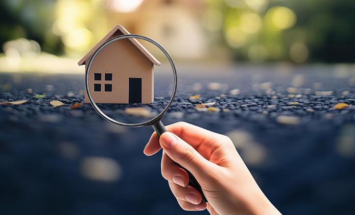 ParaTodosVerem: Uma mão segura uma lupa diante de uma pequena casa de madeira. A lupa amplia a fachada do minicasarão, que está apoiado sobre uma superfície de pedrinhas escuras. Ao fundo, a imagem é desfocada, mostrando tons de verde e luz natural, como um jardim.